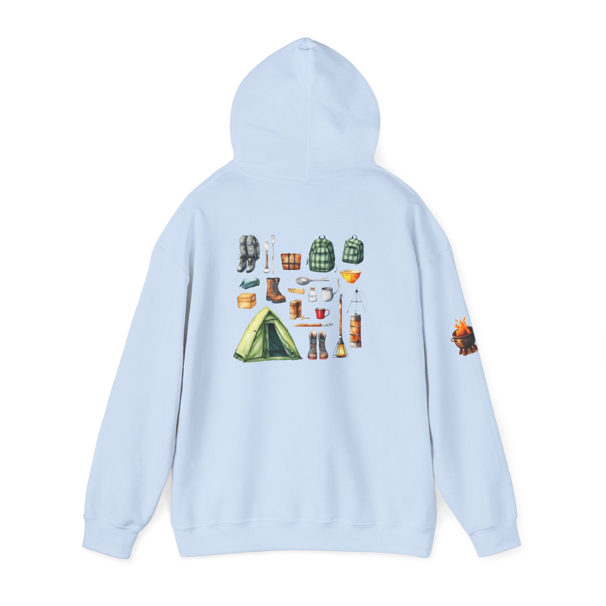 Camping Gear Hoodie  Tent, Boots, Lantern, Campfire Illustration