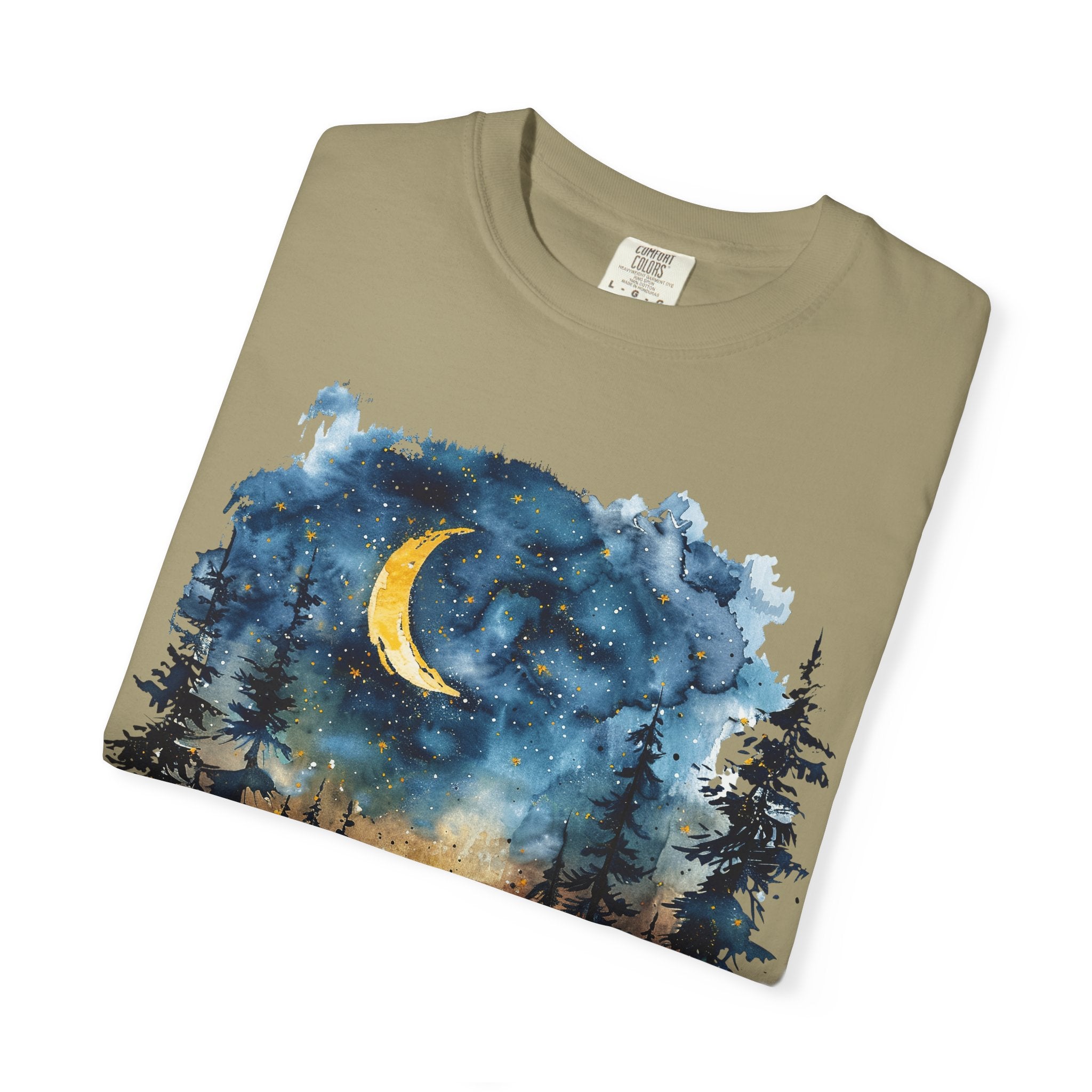 Moonlit Campsite T-shirt | Forest Night Sky, Crescent Moon