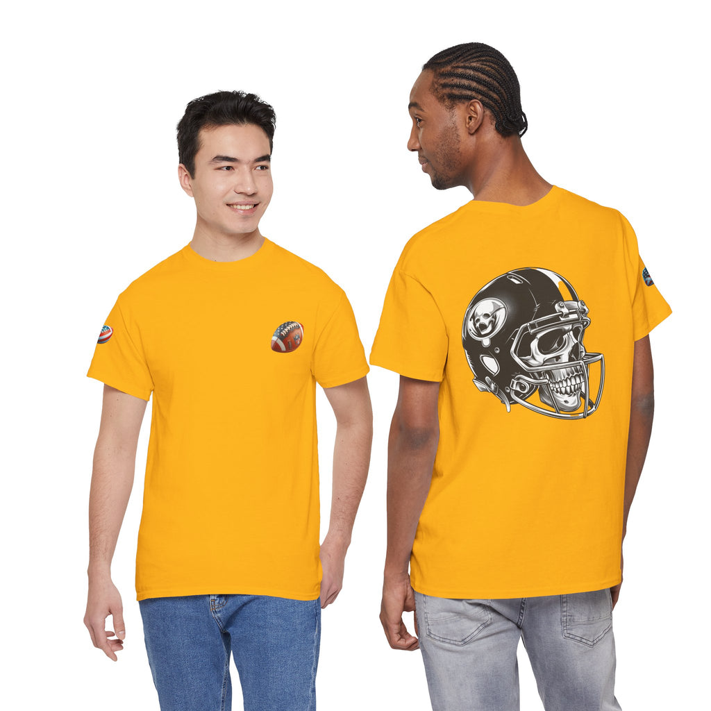 Skull Helmet Football Tee — Grunge Athletic Graphic T‑Shirt