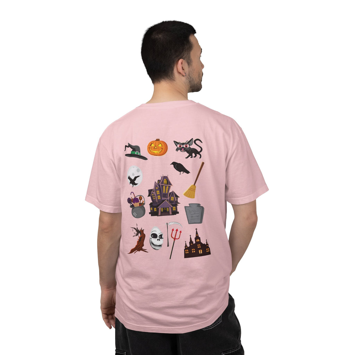 Halloween Icons T-Shirt — "Happy Halloween" Graphic Tee with Spooky Back Illustrations