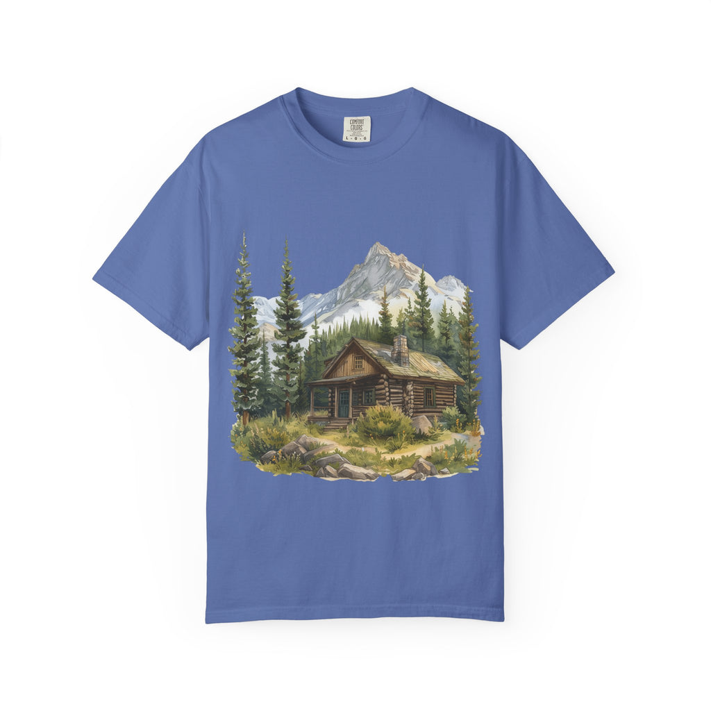 Mountain Log Cabin Illustration T-Shirt | Rustic Nature Scene