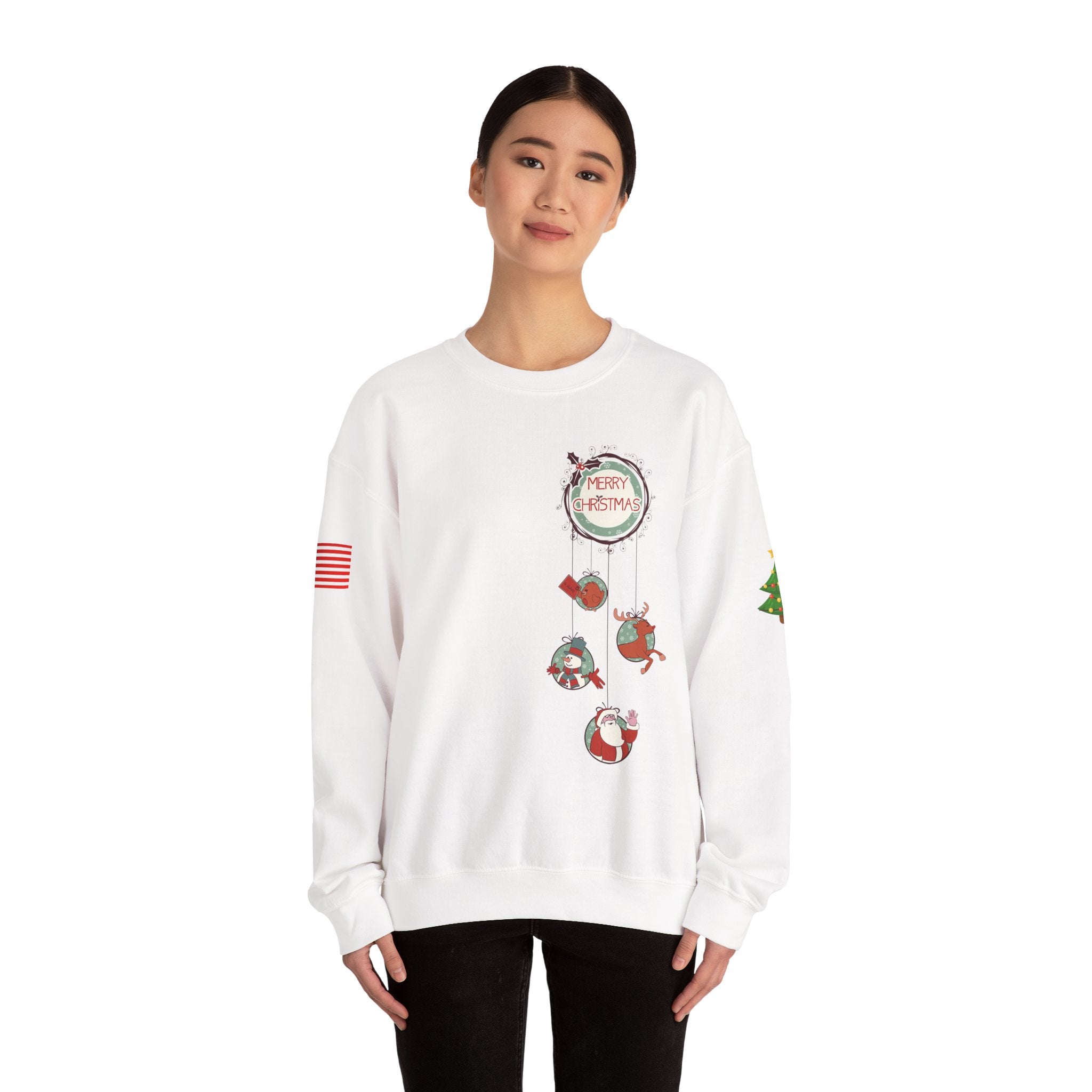 Merry Christmas Hanging Ornaments Sweatshirt Santa Reindeer Wreath Holiday