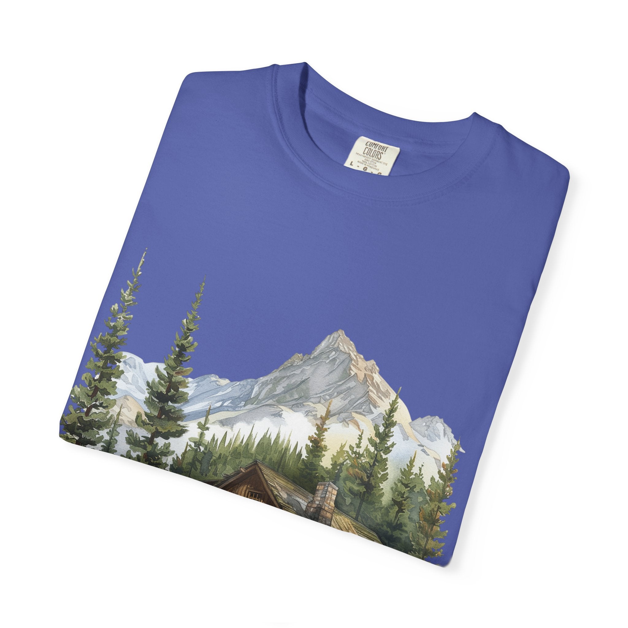 Mountain Log Cabin Illustration T-Shirt | Rustic Nature Scene