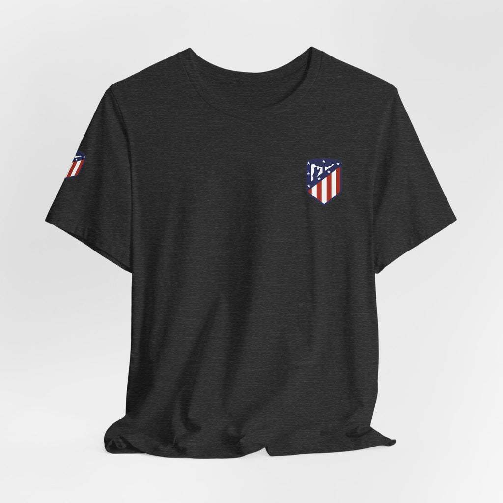 Atletico Madrid Shield T-Shirt Front Chest & Sleeve Logo Soccer Tee