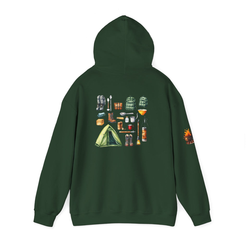 Camping Gear Hoodie  Tent, Boots, Lantern, Campfire Illustration
