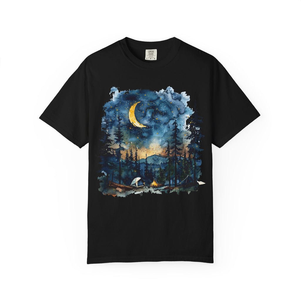 Moonlit Campsite T-shirt | Forest Night Sky, Crescent Moon
