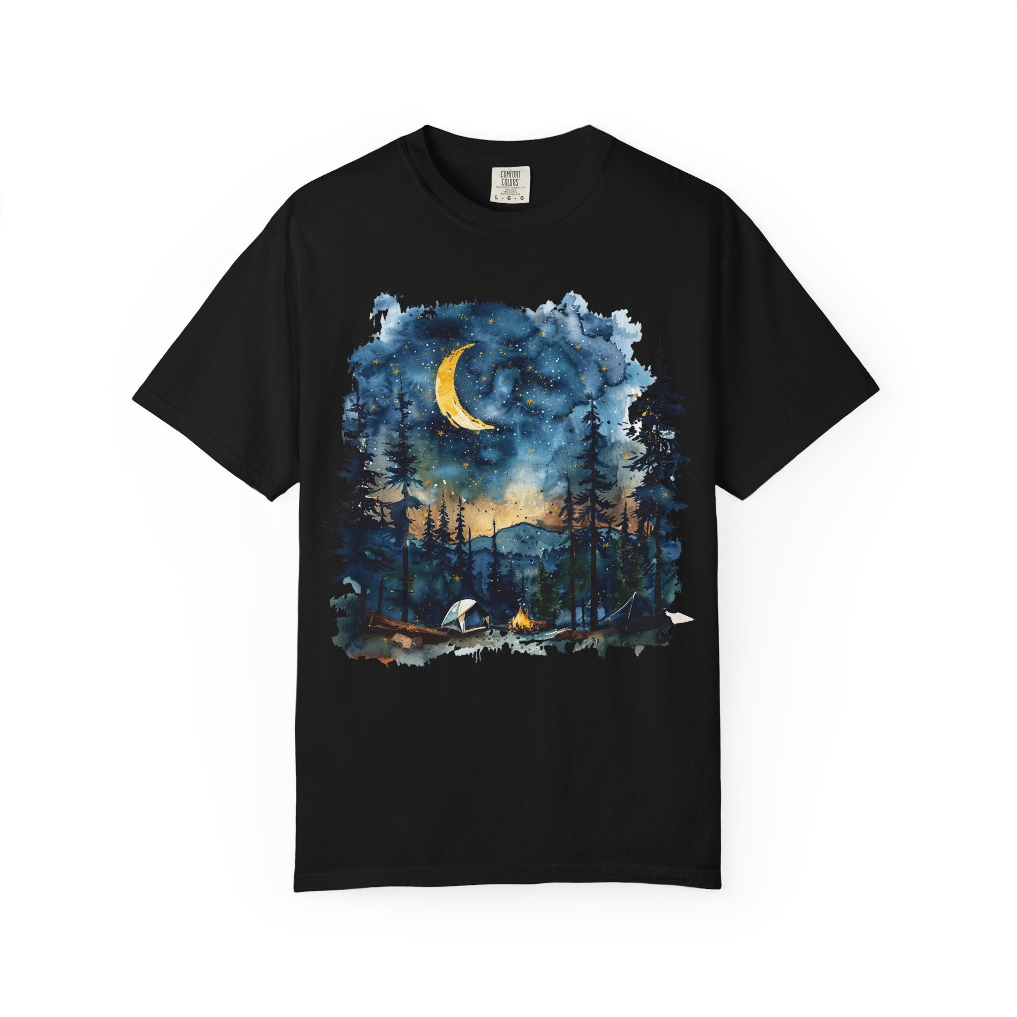 Moonlit Campsite T-shirt | Forest Night Sky, Crescent Moon