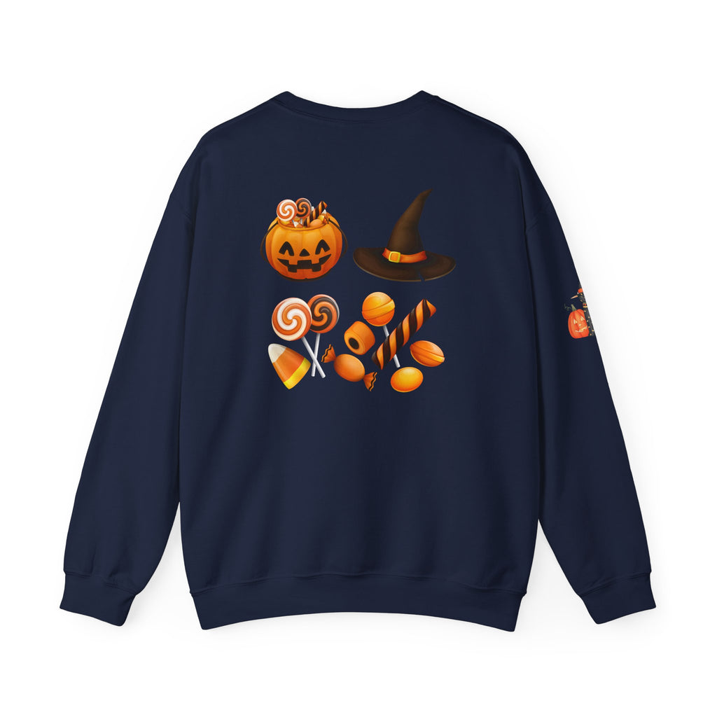 Halloween Candy Crewneck Sweatshirt — 'Happy Halloween' Jack-o'-Lantern & Candy Design