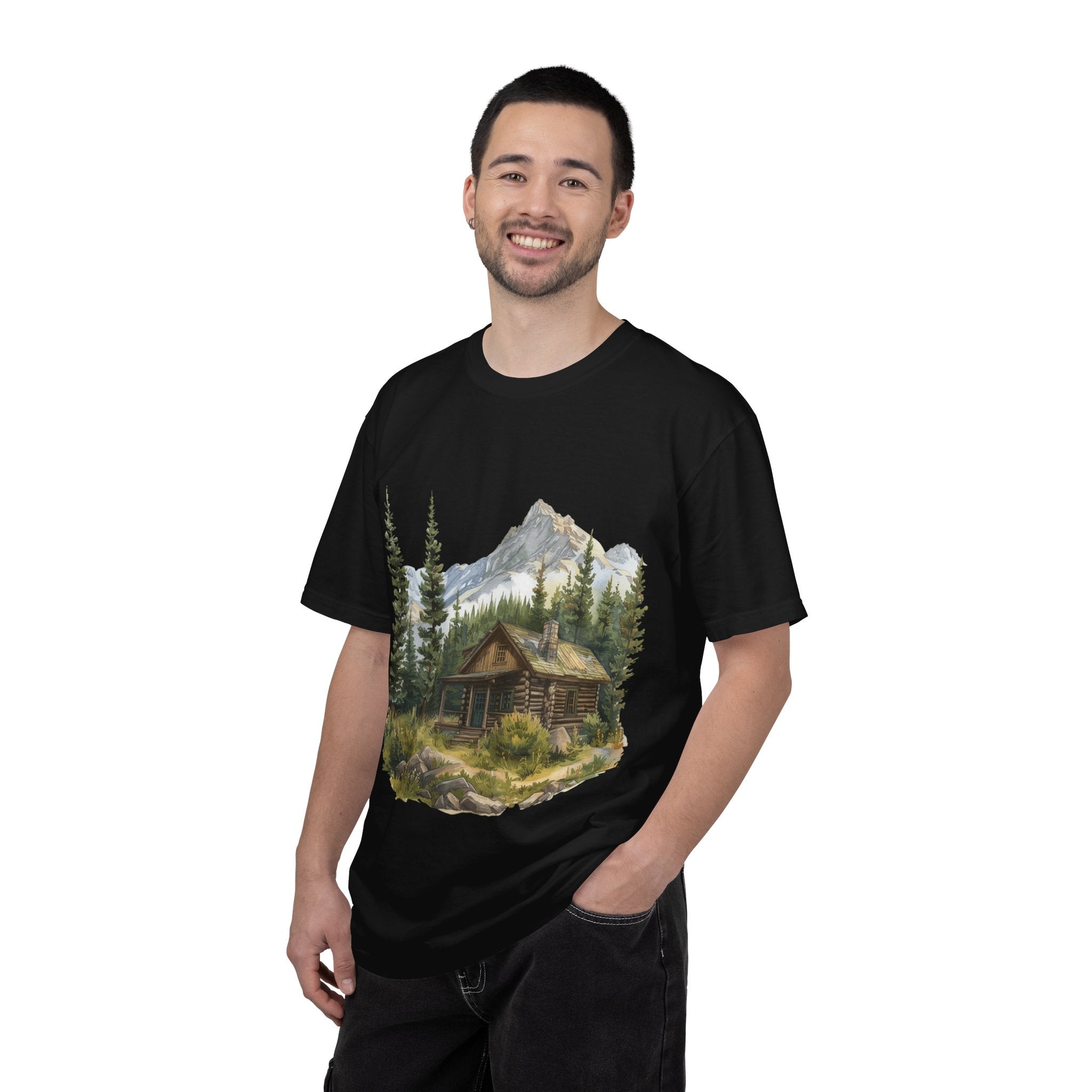 Mountain Log Cabin Illustration T-Shirt | Rustic Nature Scene
