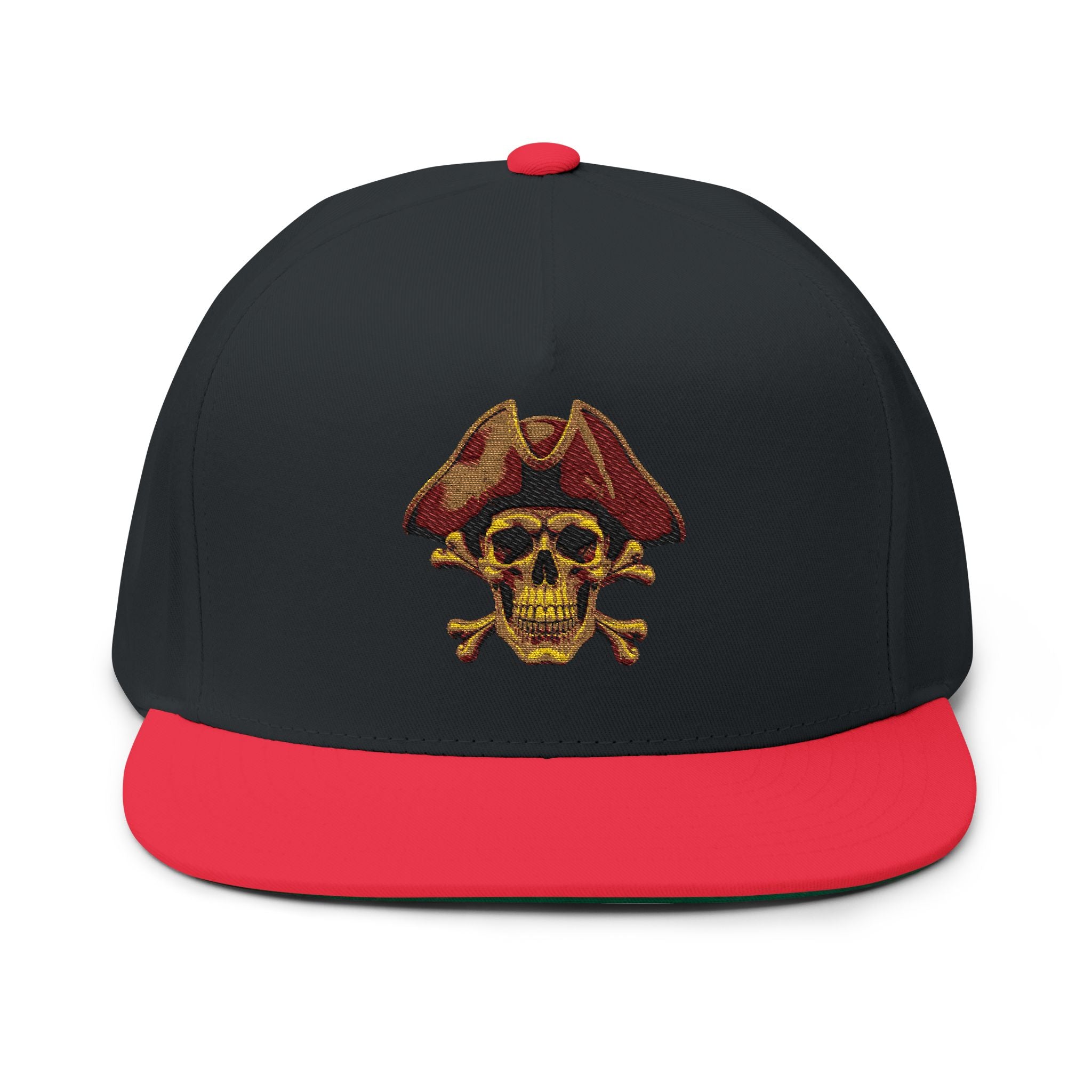Embroidered Pirate Skull Flat Bill Cap  Gold Skull & Tricorn Hat Snapback