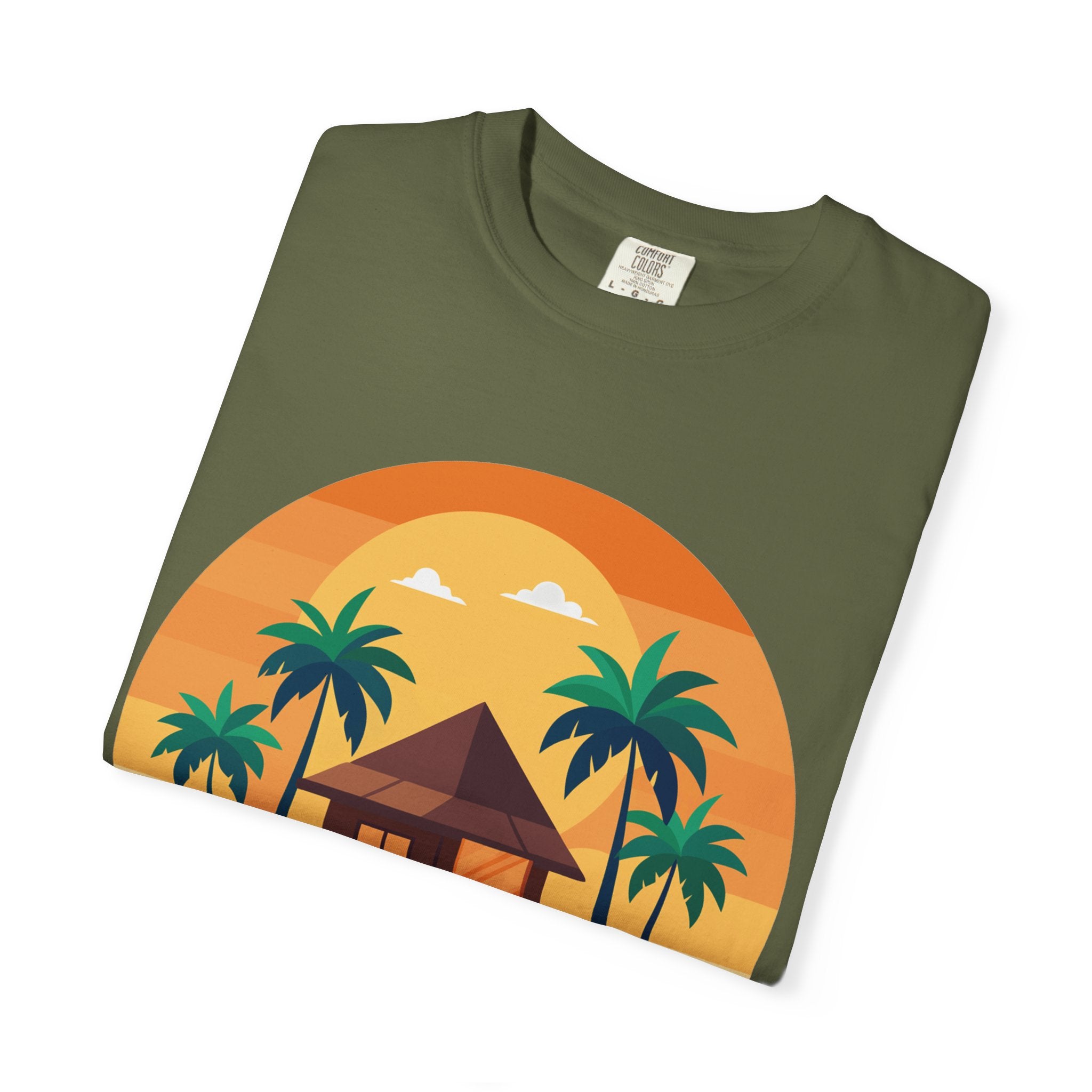 Tropical Beach Hut T-shirt | Sunset Palm Island Circle Design