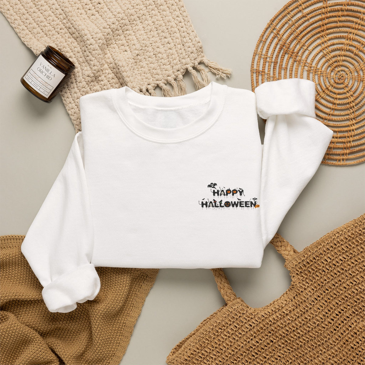 Halloween Candy Crewneck Sweatshirt — 'Happy Halloween' Jack-o'-Lantern & Candy Design