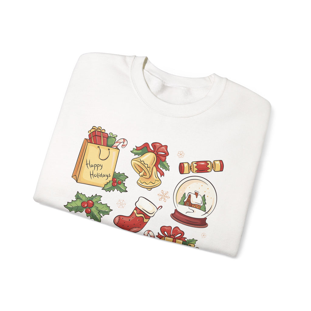Christmas Icons collage Sweatshirt | holiday presents bell stocking snow globe