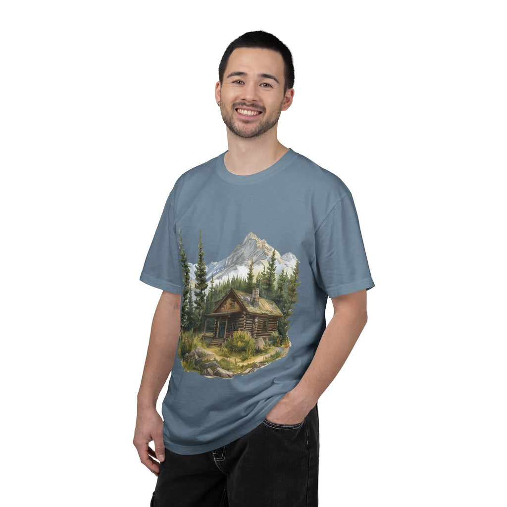 Mountain Log Cabin Illustration T-Shirt | Rustic Nature Scene