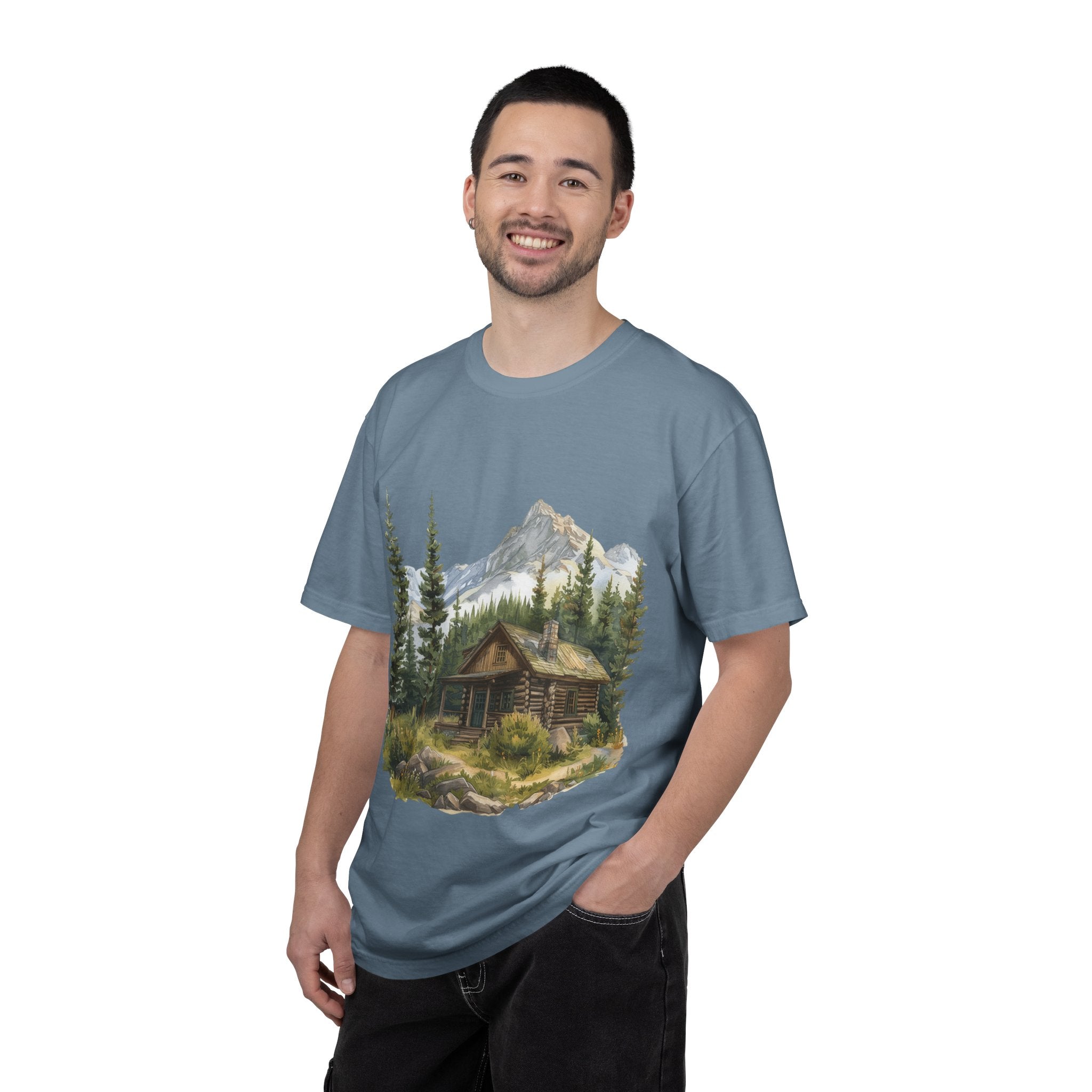 Mountain Log Cabin Illustration T-Shirt | Rustic Nature Scene