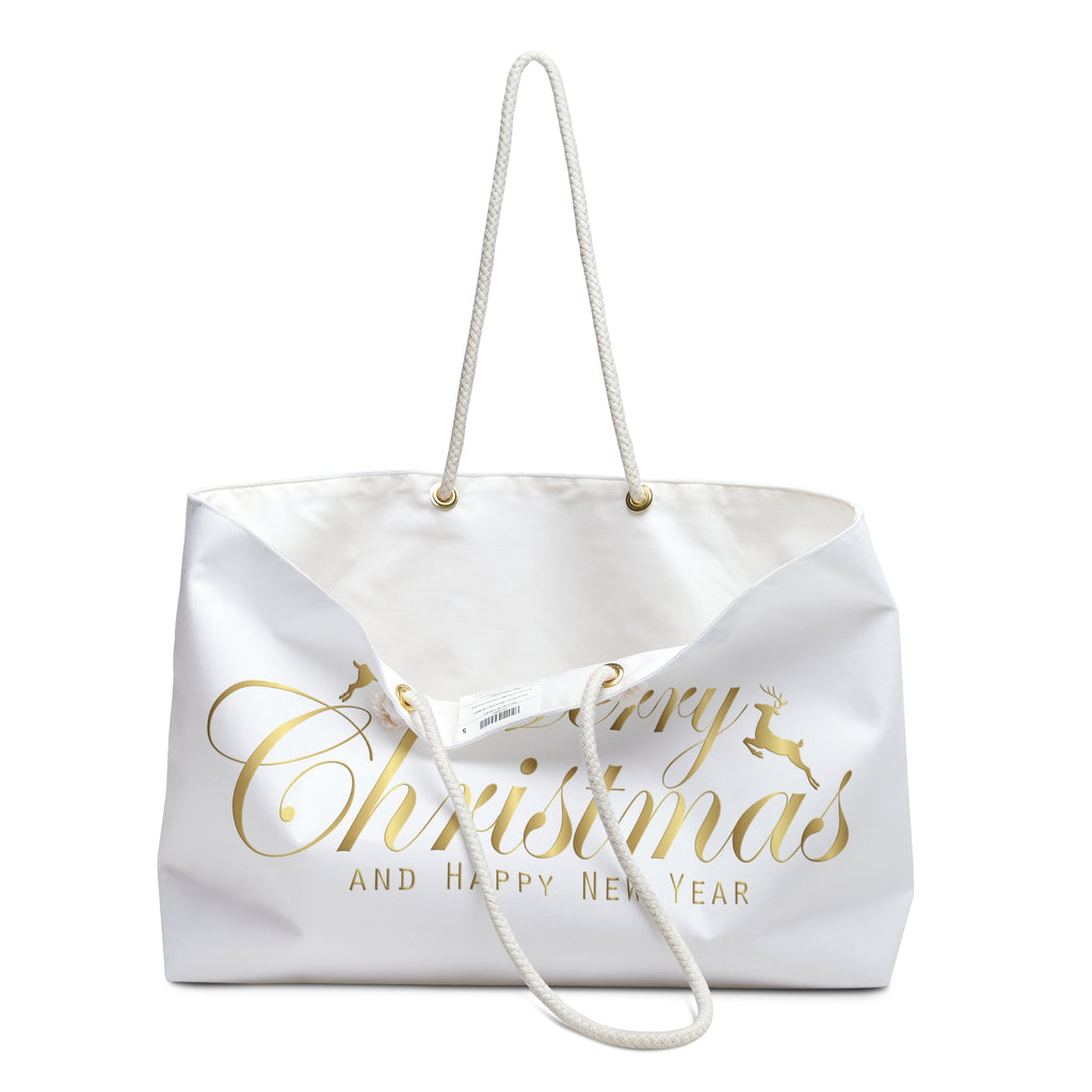 Merry Christmas script with reindeer Weekender Bag | holiday gold typography