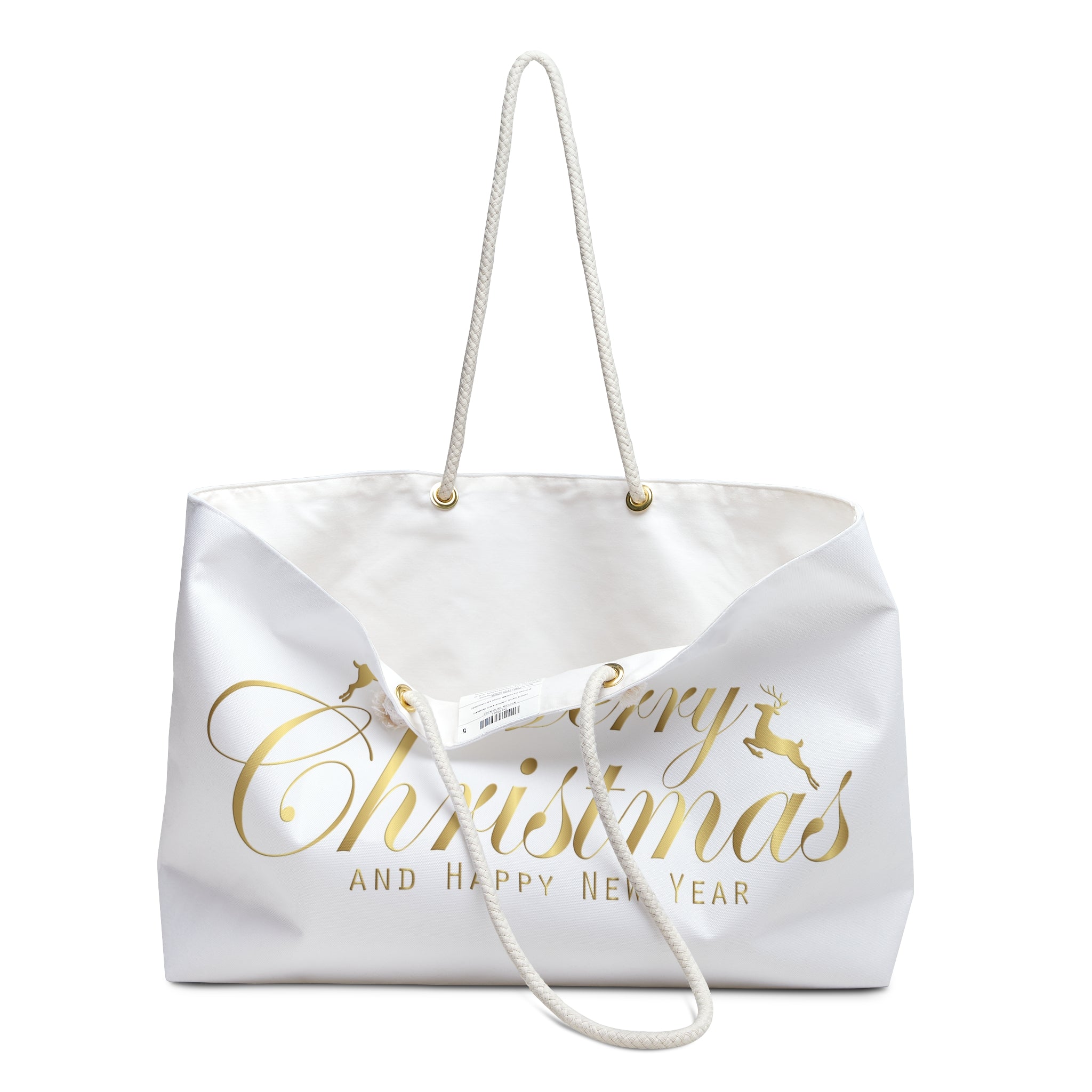 Merry Christmas script with reindeer Weekender Bag | holiday gold typography