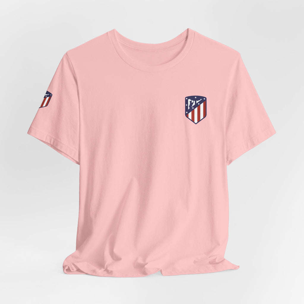 Atletico Madrid Shield T-Shirt Front Chest & Sleeve Logo Soccer Tee