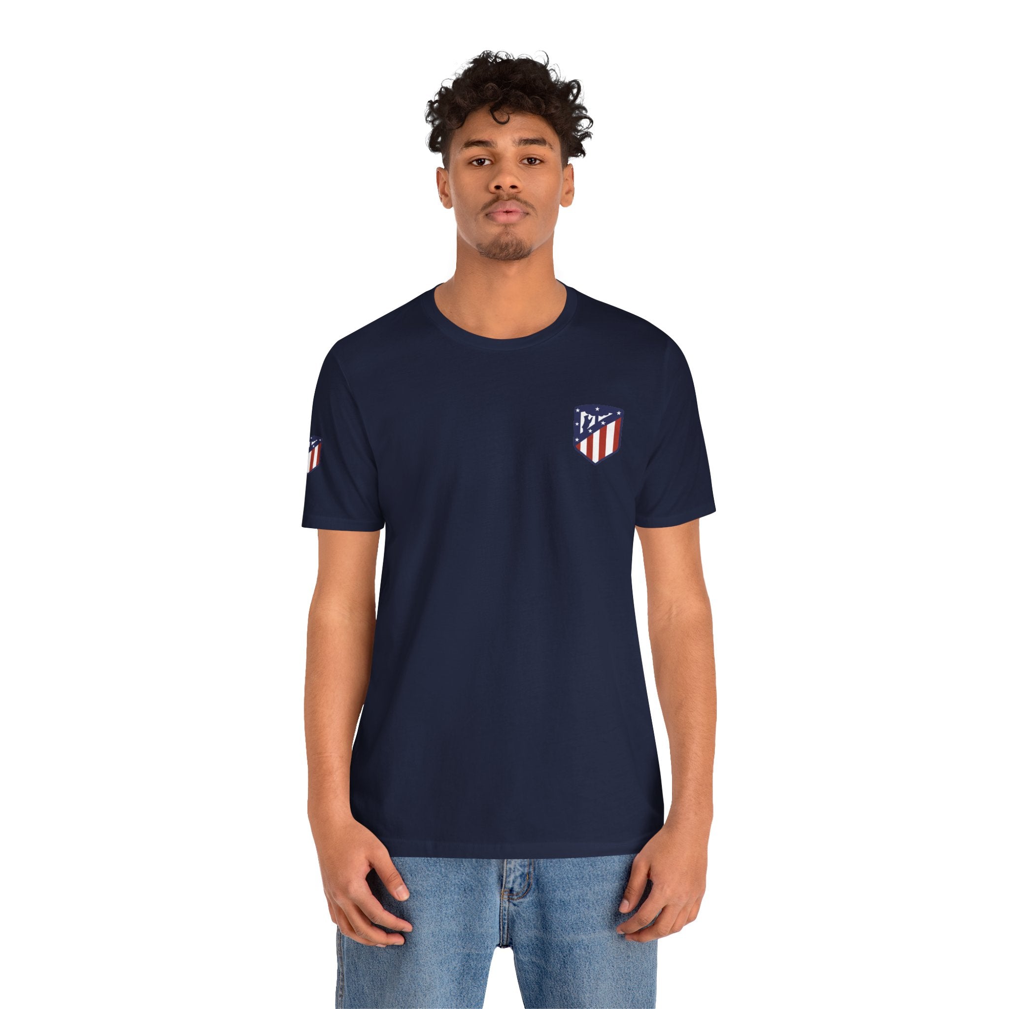 Atletico Madrid Shield T-Shirt Front Chest & Sleeve Logo Soccer Tee