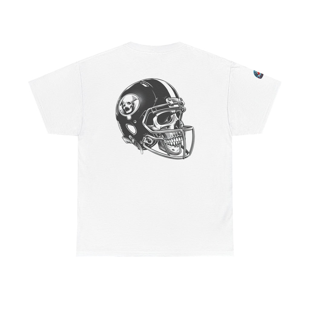 Skull Helmet Football Tee — Grunge Athletic Graphic T‑Shirt