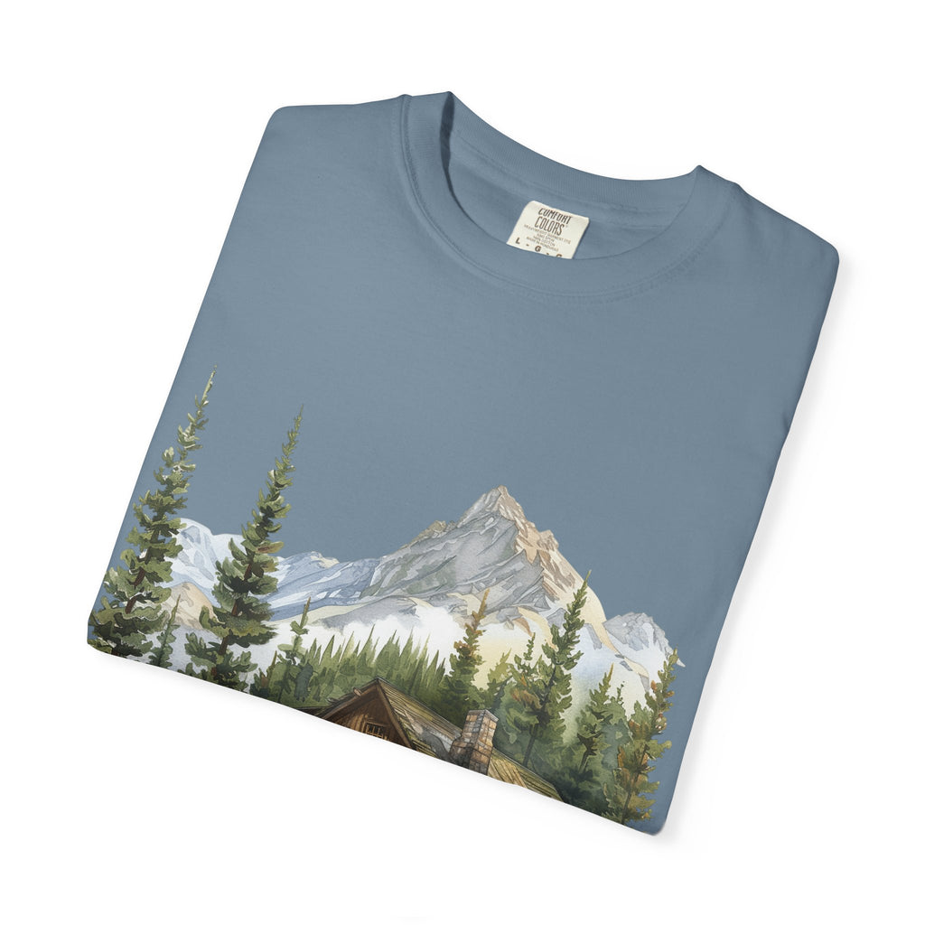 Mountain Log Cabin Illustration T-Shirt | Rustic Nature Scene