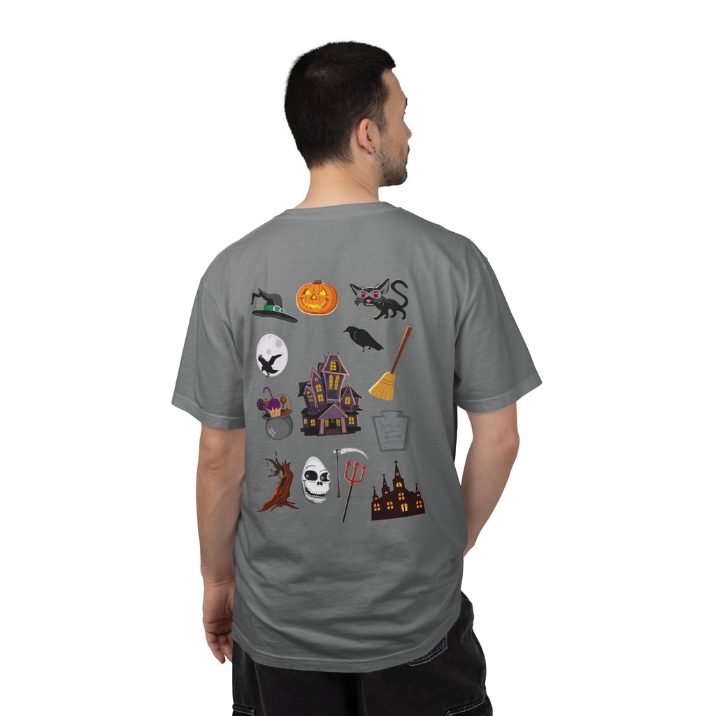 Halloween Icons T-Shirt — "Happy Halloween" Graphic Tee with Spooky Back Illustrations