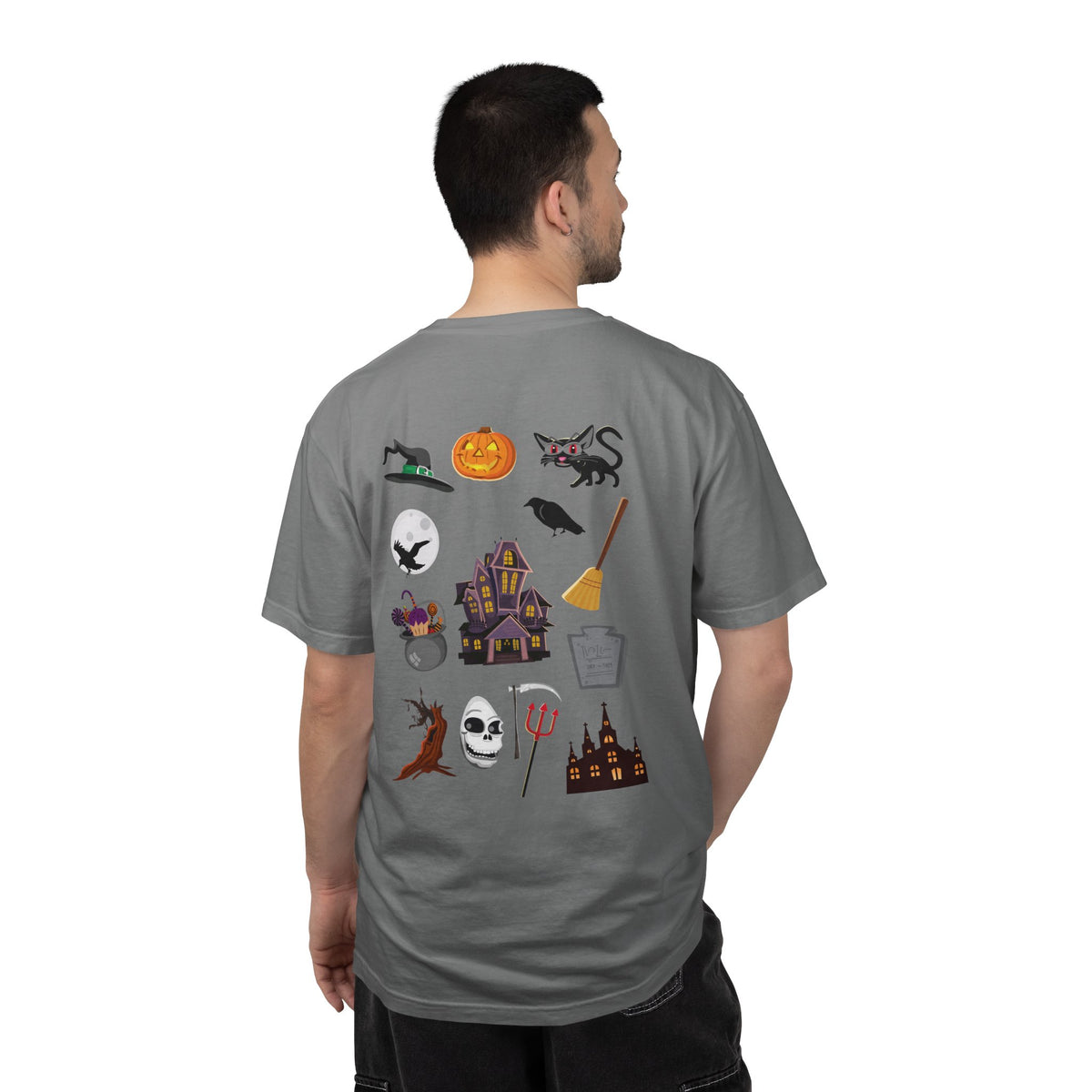 Halloween Icons T-Shirt — "Happy Halloween" Graphic Tee with Spooky Back Illustrations