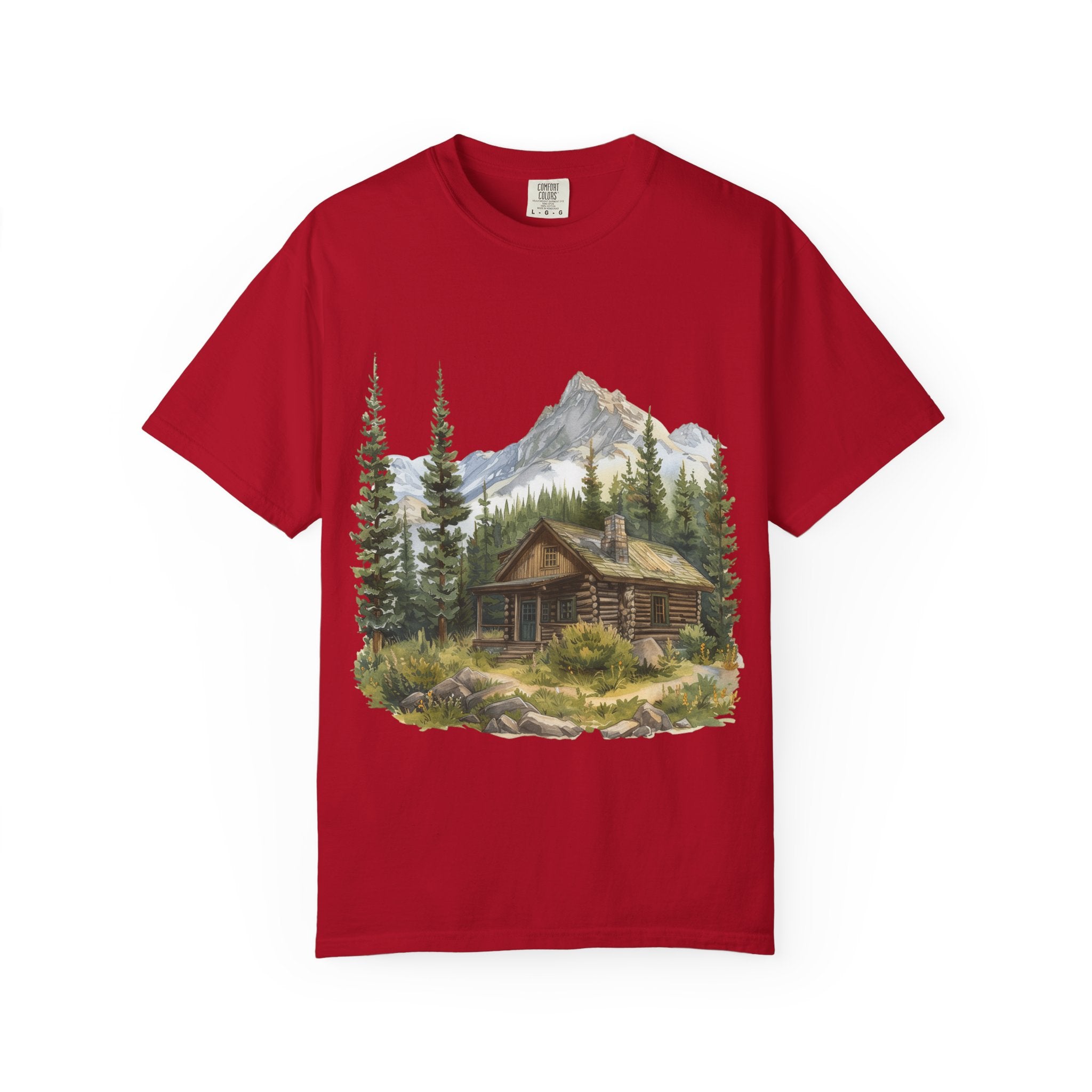 Mountain Log Cabin Illustration T-Shirt | Rustic Nature Scene