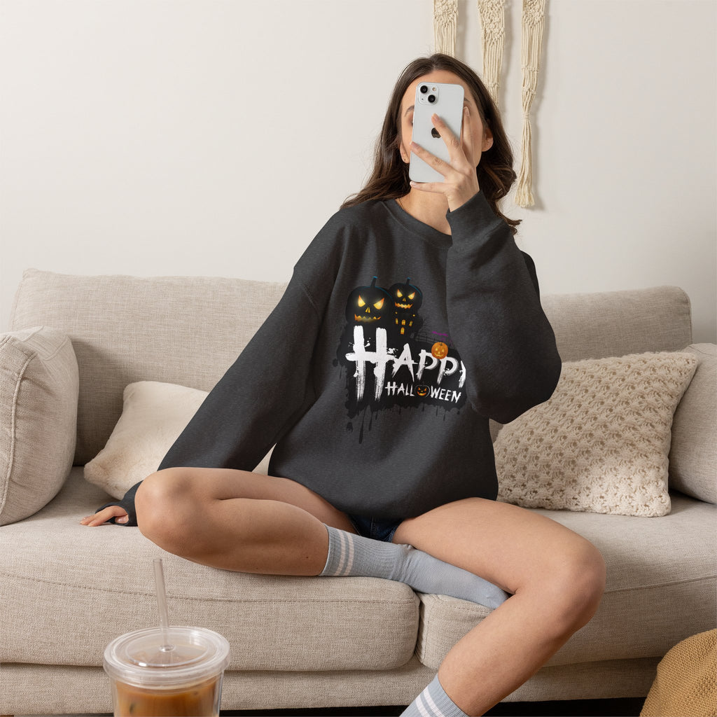 Halloween Pumpkin Crewneck Sweatshirt — "Happy Halloween" Graphic