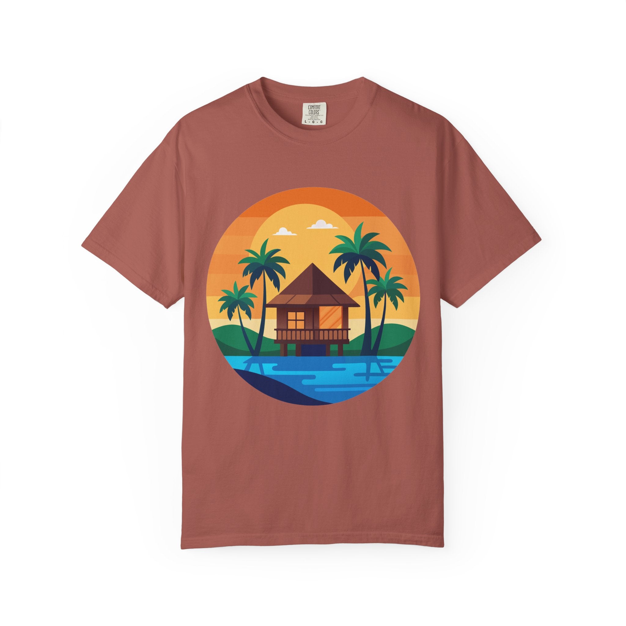Tropical Beach Hut T-shirt | Sunset Palm Island Circle Design
