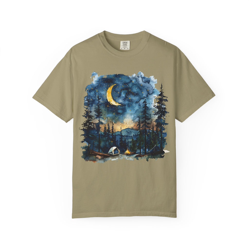 Moonlit Campsite T-shirt | Forest Night Sky, Crescent Moon