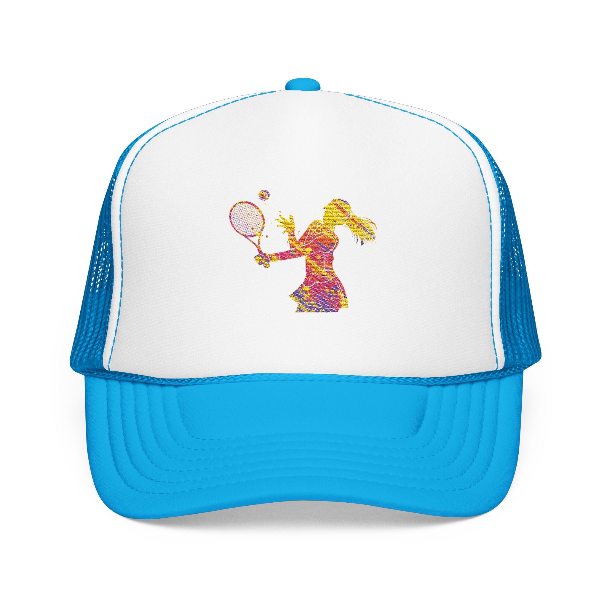Embroidered Colorful Tennis Player Foam Trucker Hat Sporty Retro Mesh Cap