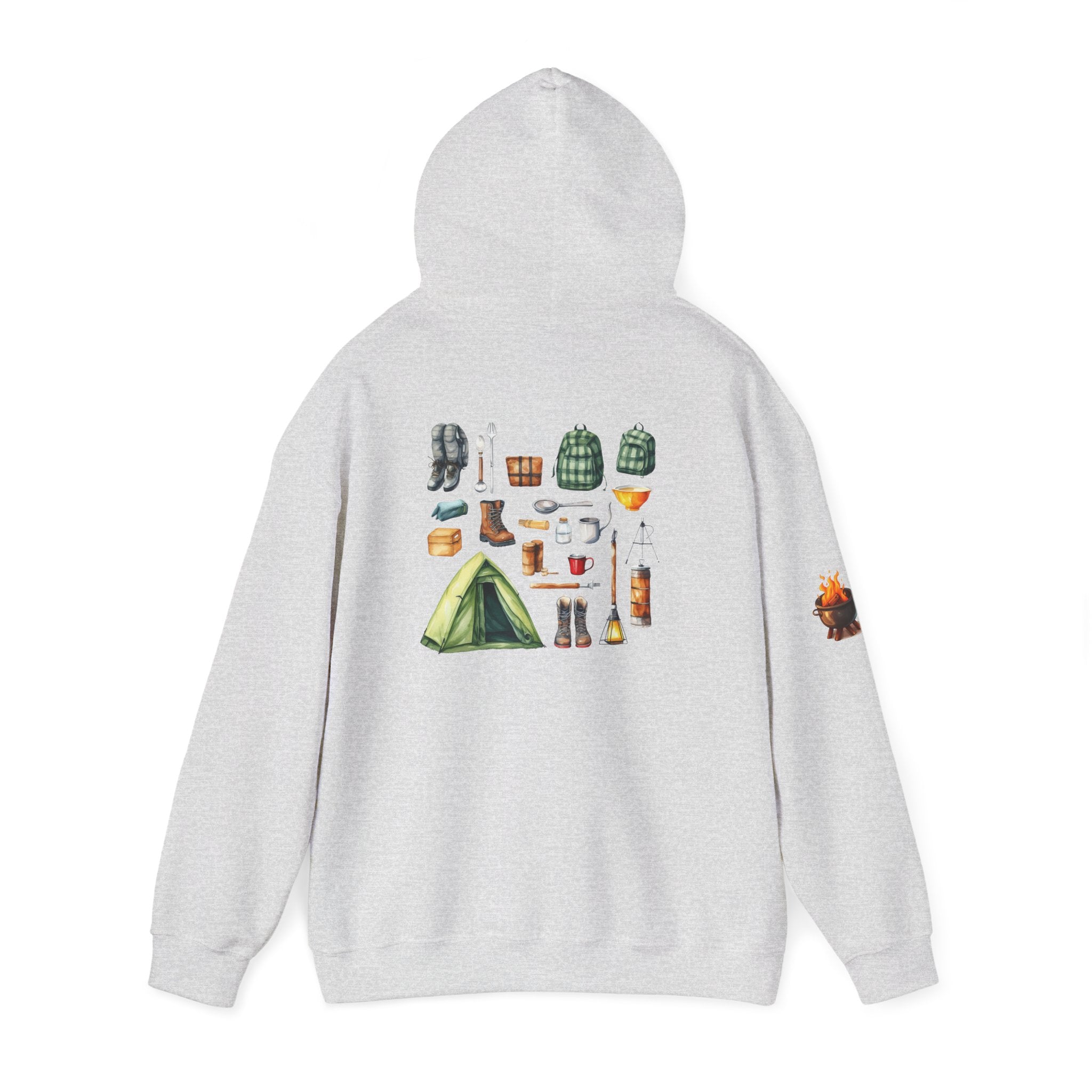 Camping Gear Hoodie  Tent, Boots, Lantern, Campfire Illustration