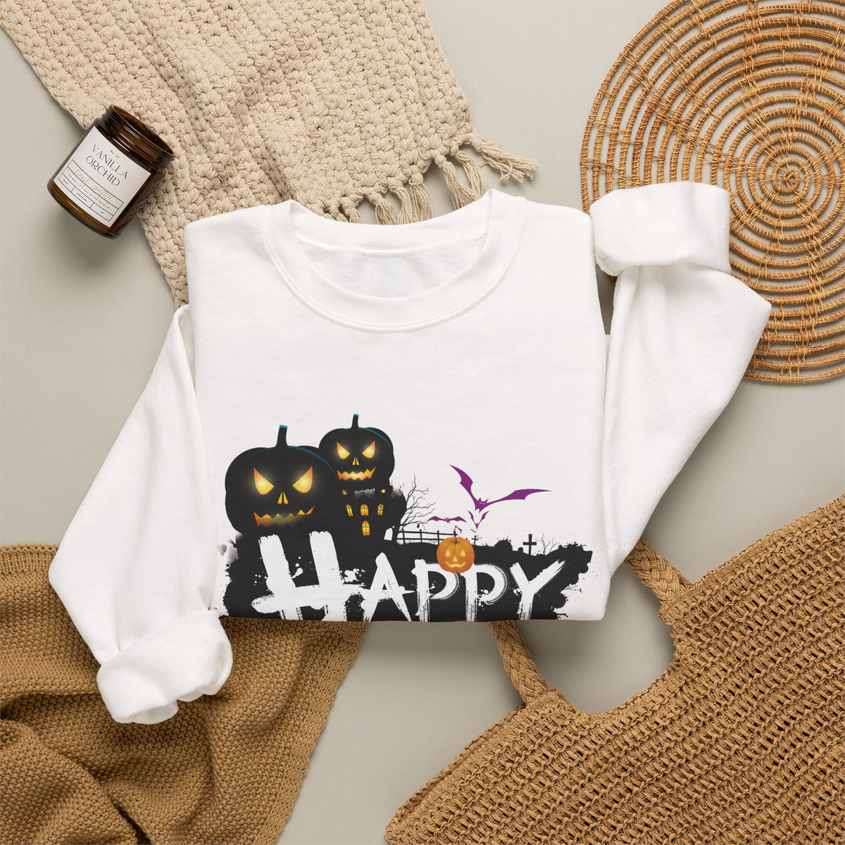 Halloween Pumpkin Crewneck Sweatshirt — "Happy Halloween" Graphic