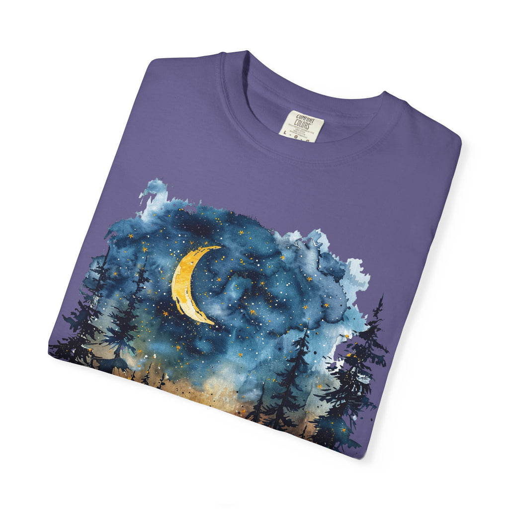 Moonlit Campsite T-shirt | Forest Night Sky, Crescent Moon