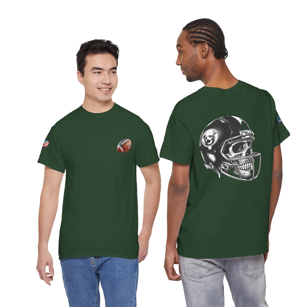 Skull Helmet Football Tee — Grunge Athletic Graphic T‑Shirt