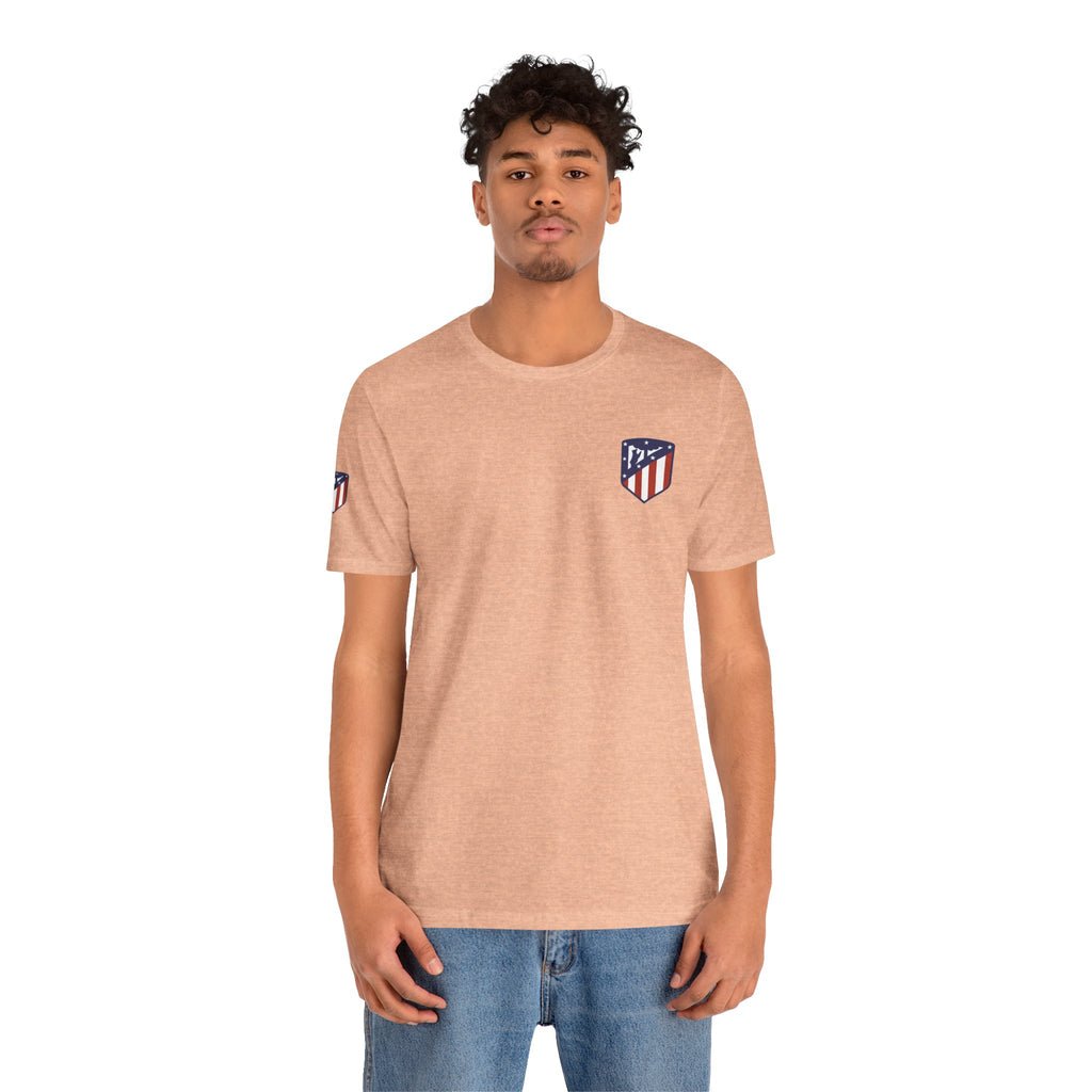 Atletico Madrid Shield T-Shirt Front Chest & Sleeve Logo Soccer Tee