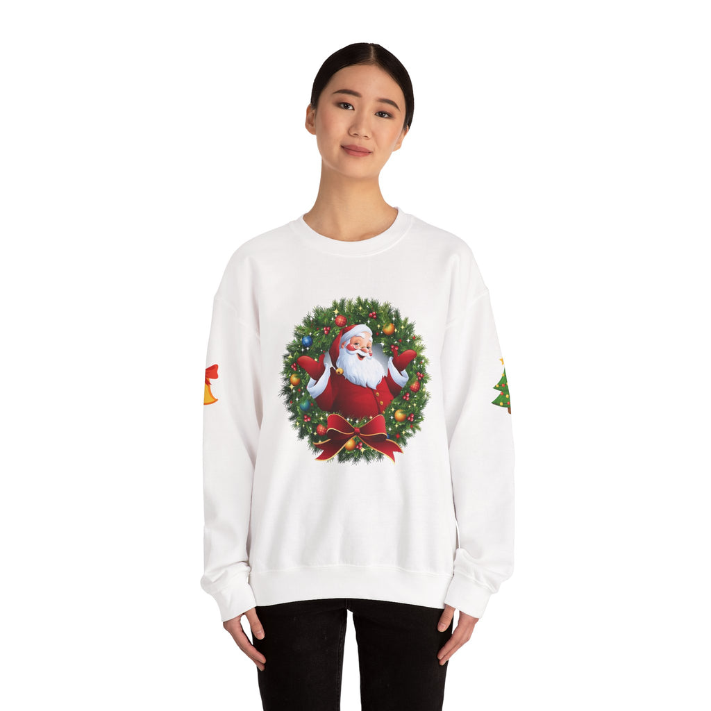 Santa in Wreath Crewneck Sweatshirt Christmas Tree Sleeve Accents