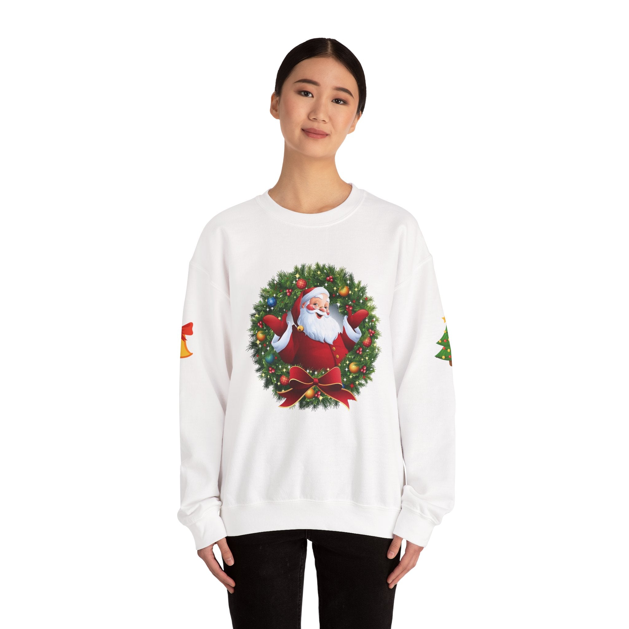 Santa in Wreath Crewneck Sweatshirt Christmas Tree Sleeve Accents
