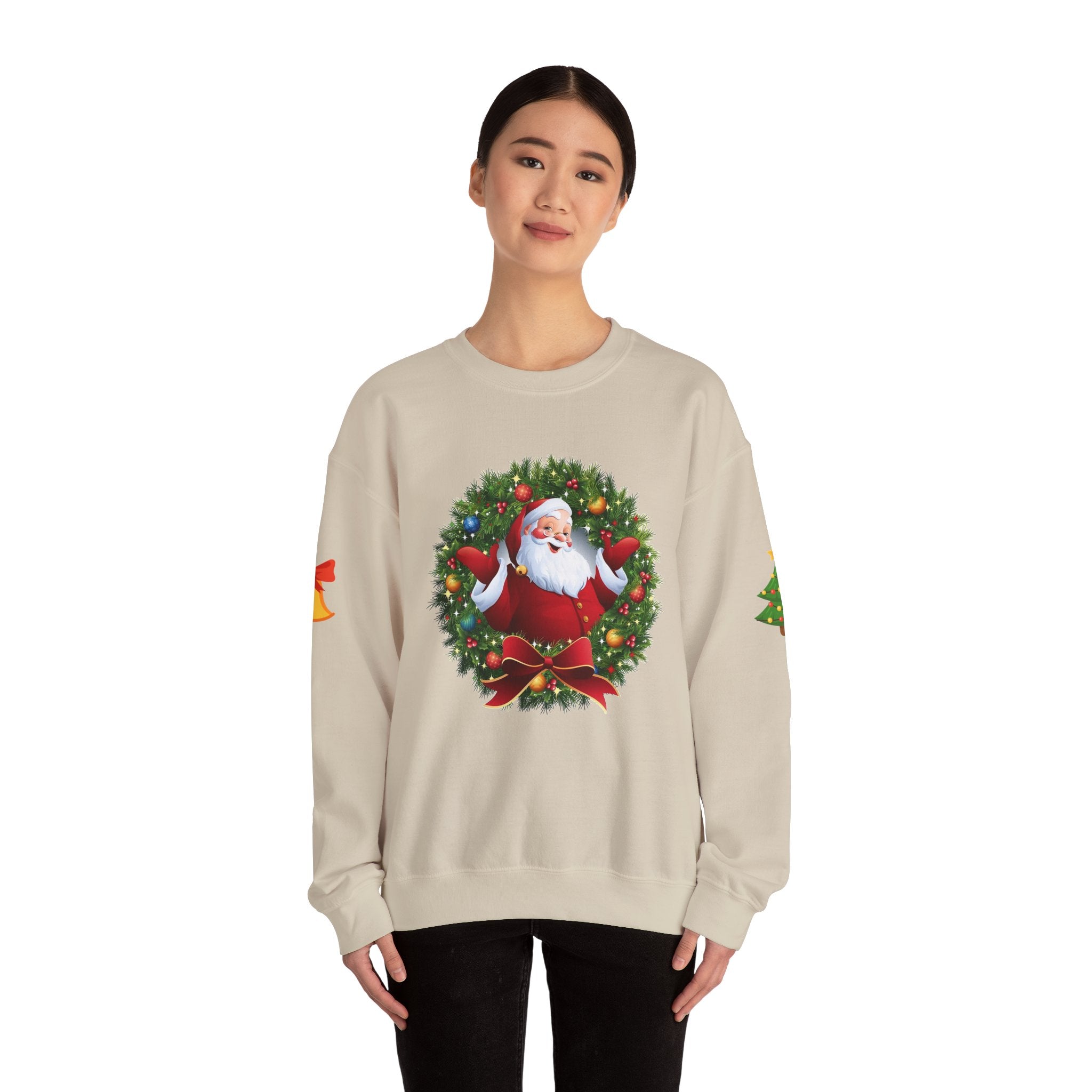 Santa in Wreath Crewneck Sweatshirt Christmas Tree Sleeve Accents