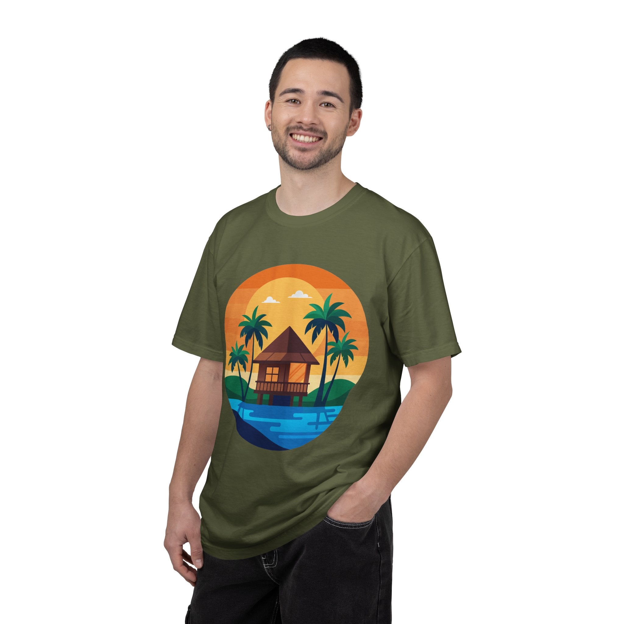 Tropical Beach Hut T-shirt | Sunset Palm Island Circle Design