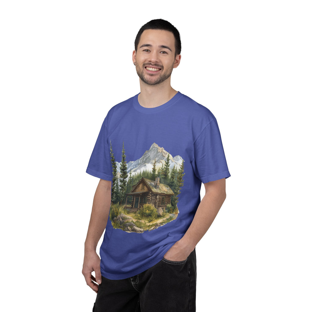 Mountain Log Cabin Illustration T-Shirt | Rustic Nature Scene