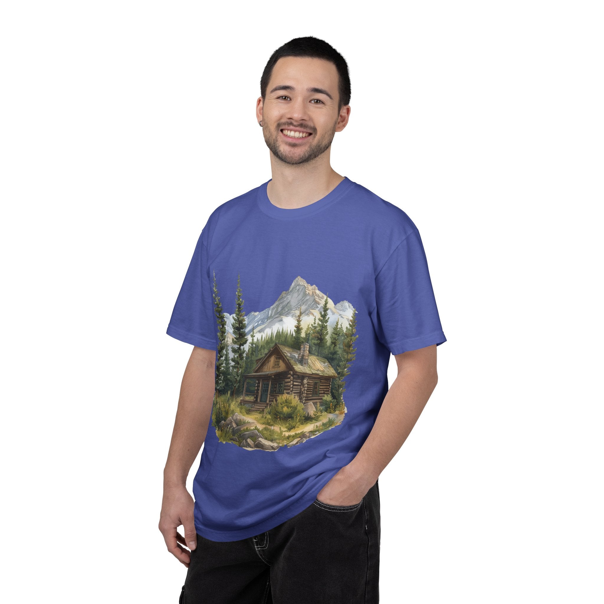Mountain Log Cabin Illustration T-Shirt | Rustic Nature Scene