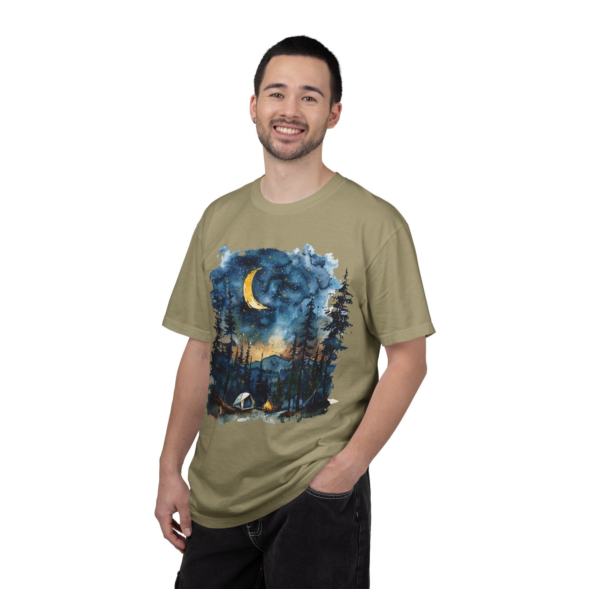Moonlit Campsite T-shirt | Forest Night Sky, Crescent Moon