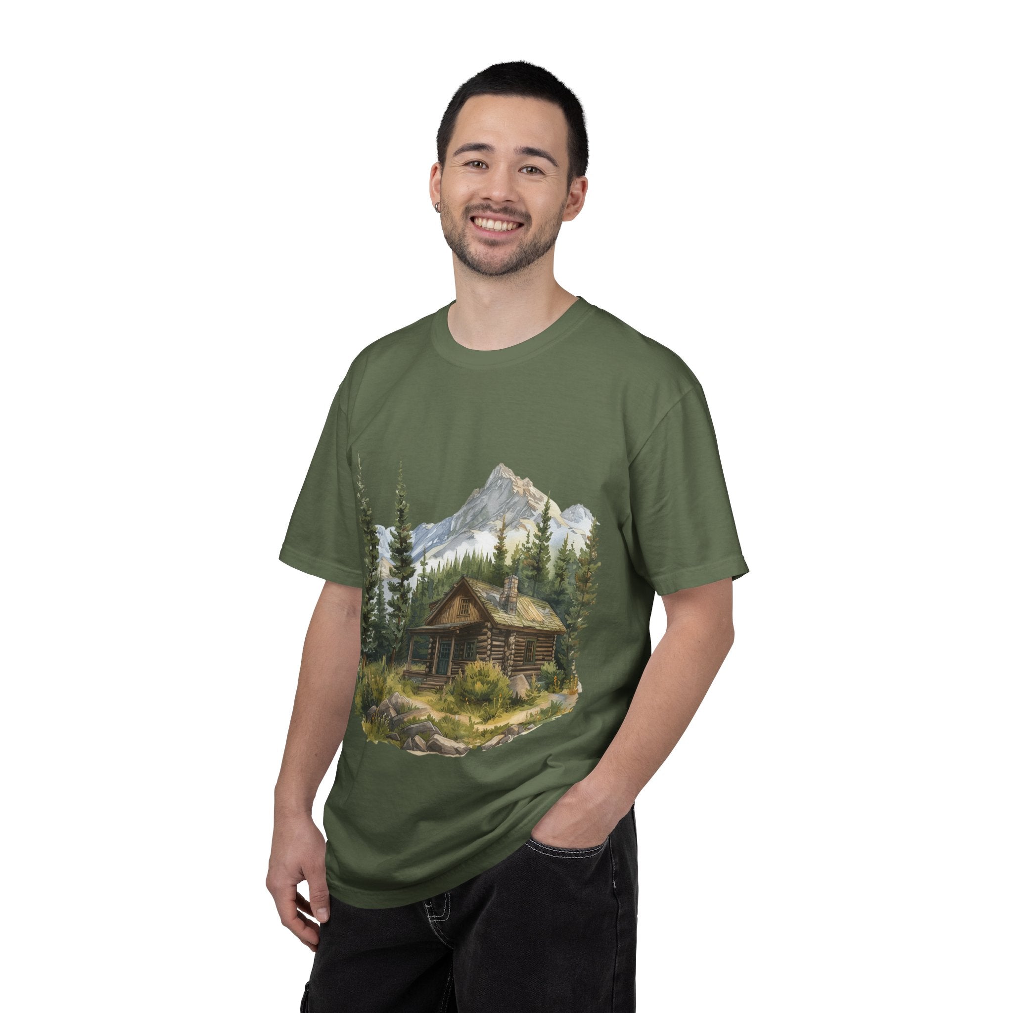 Mountain Log Cabin Illustration T-Shirt | Rustic Nature Scene
