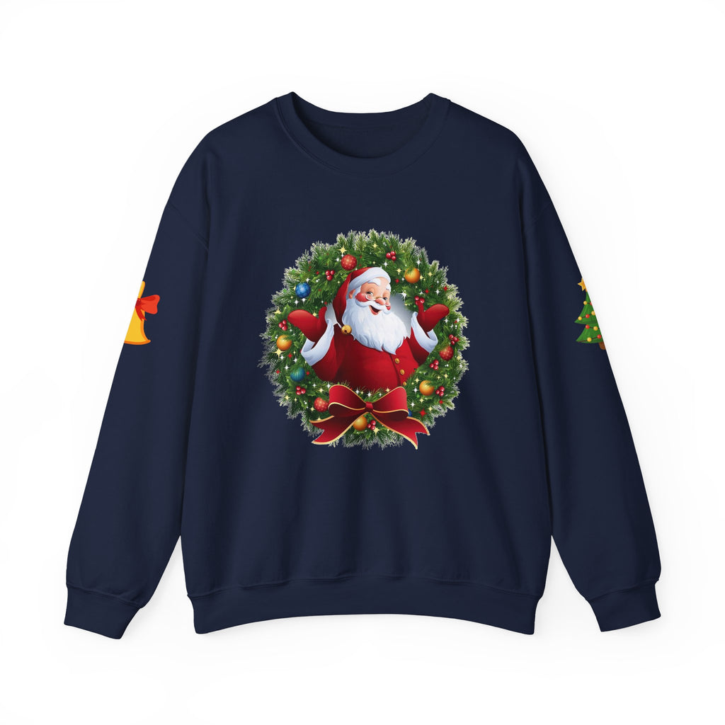Santa in Wreath Crewneck Sweatshirt Christmas Tree Sleeve Accents