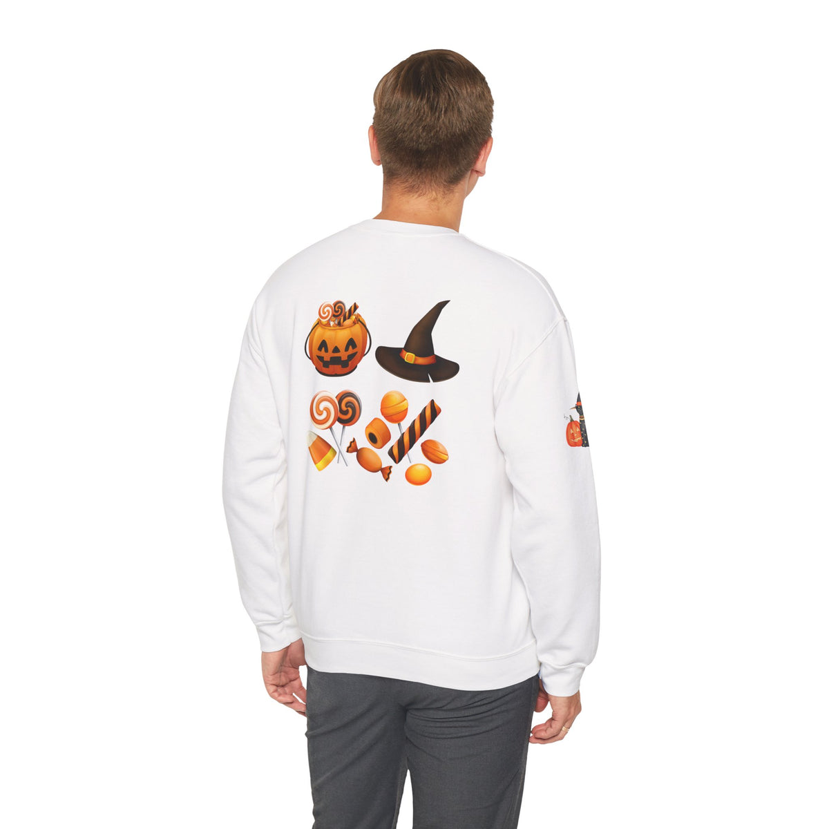Halloween Candy Crewneck Sweatshirt — 'Happy Halloween' Jack-o'-Lantern & Candy Design