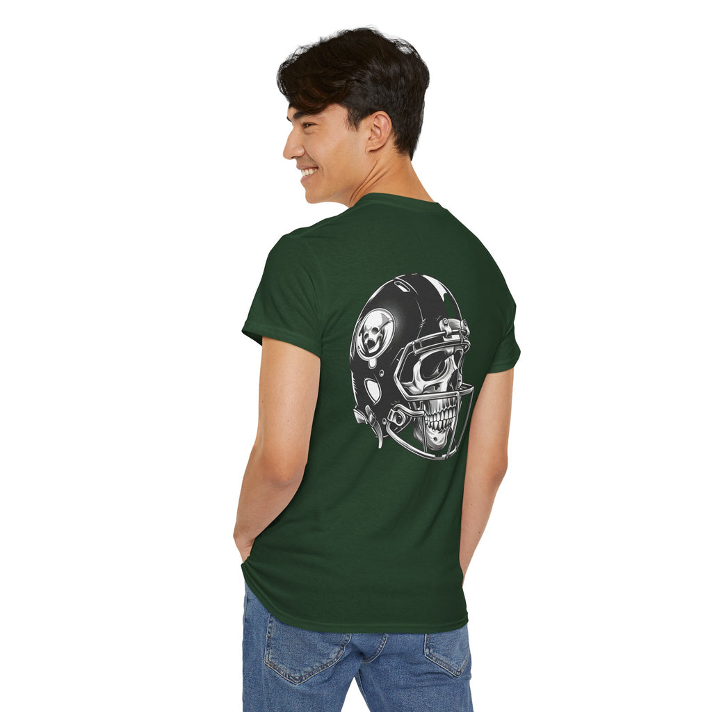 Skull Helmet Football Tee — Grunge Athletic Graphic T‑Shirt