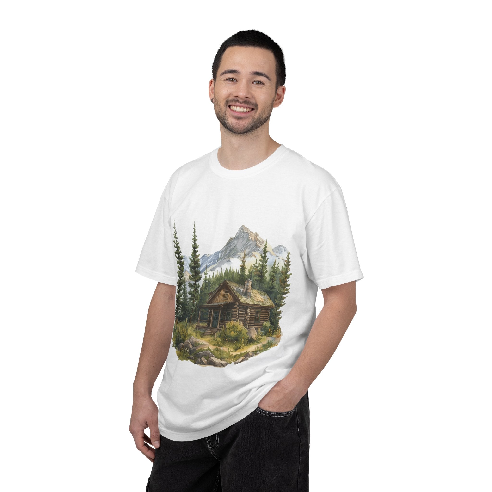 Mountain Log Cabin Illustration T-Shirt | Rustic Nature Scene
