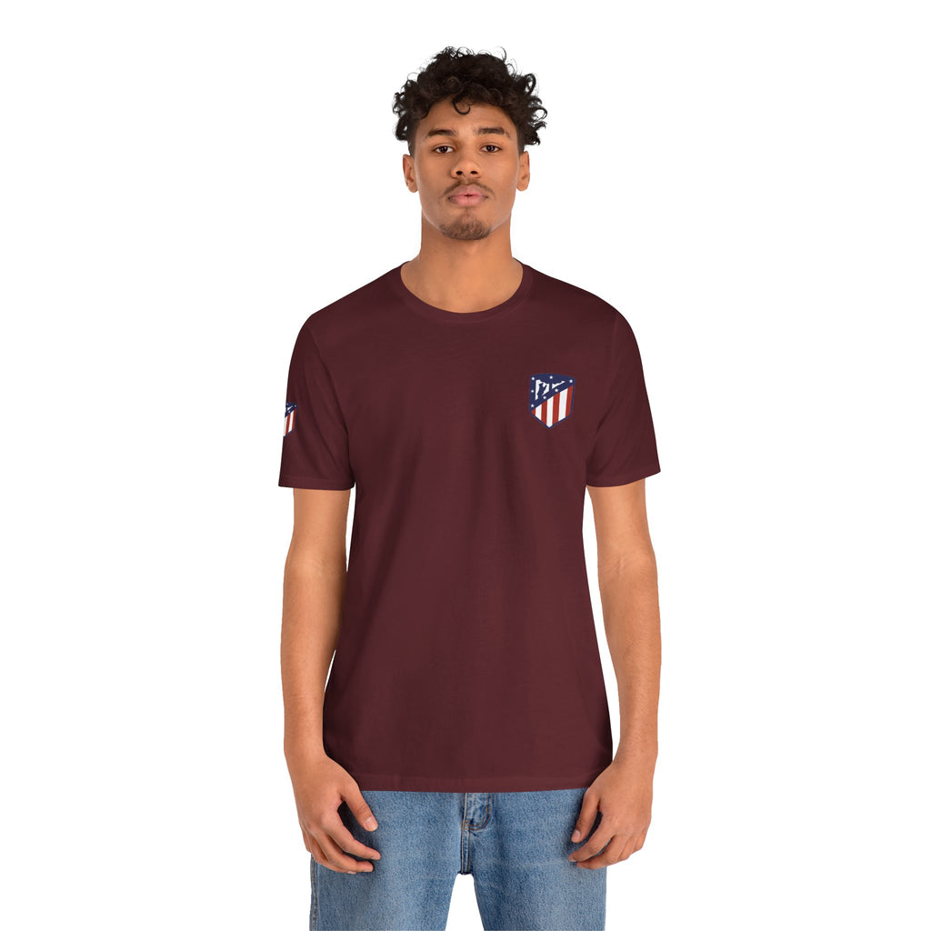Atletico Madrid Shield T-Shirt Front Chest & Sleeve Logo Soccer Tee